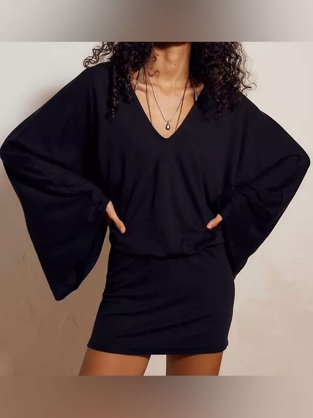 Free People Black V-Neck Tunic with Dramatic Wide Sleeves